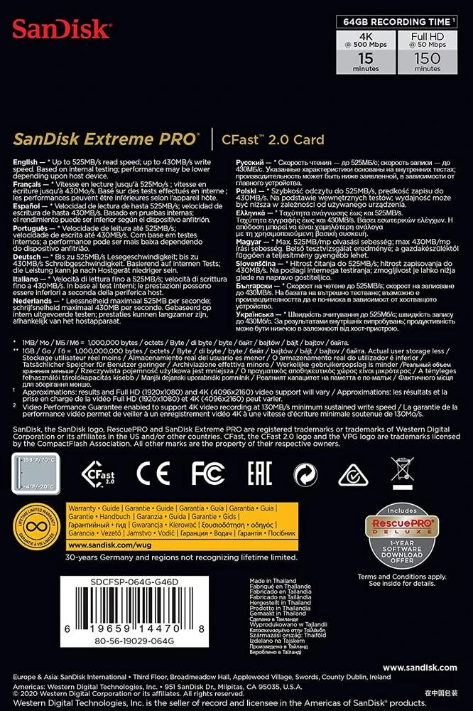SanDisk CFast Extreme Pro 2.0 64GB Memory Card | Read 525 MB/s | Write 430MB/s | 4K Video 3 SanDisk CFast Extreme Pro 2.0 64GB Memory Card | Read 525 MB/s | Write 430MB/s | 4K Video - Image 3